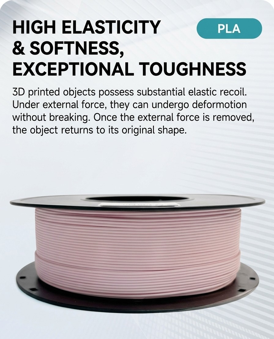 High elasticity PLA filament sample under bending stress test, showing strong flexibility without cracking.