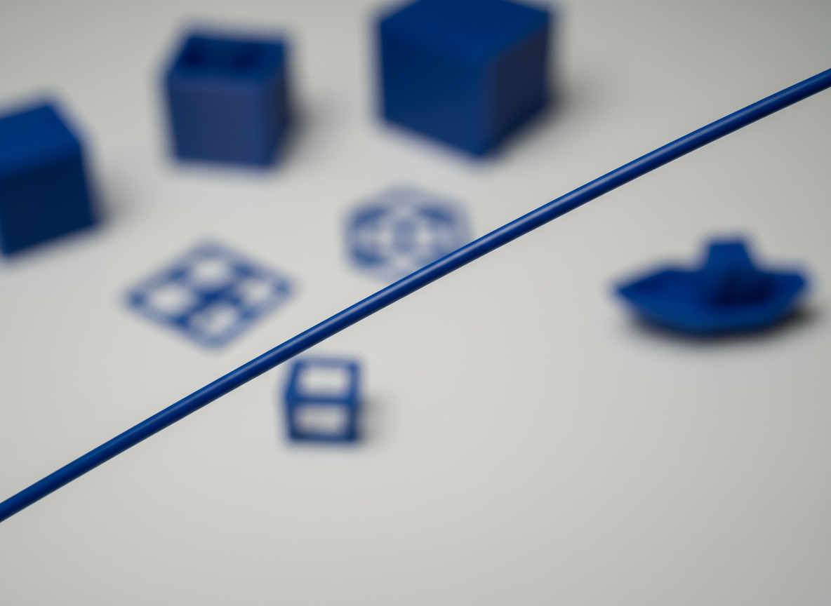 A detailed macro photograph of a premium 3D filament strand stretched diagonally across a neutral background, showing the ultra-smooth surface, consistent diameter, and subtle sheen of the material. Tiny, in-focus reflections run along the filament, hinting at its robust composition. Behind it, softly blurred printed test cubes and calibration patterns rest on a matte white surface, visually suggesting extensive testing without drawing attention away from the filament. Gentle, diffused side lighting from the right creates delicate highlights and nearly shadowless illumination, ideal for revealing surface quality. The composition is minimalist, with the filament occupying the central focus in a rule-of-thirds layout. The mood is precise, refined, and laboratory-like, underscoring material consistency and engineering-grade performance with photographic realism.