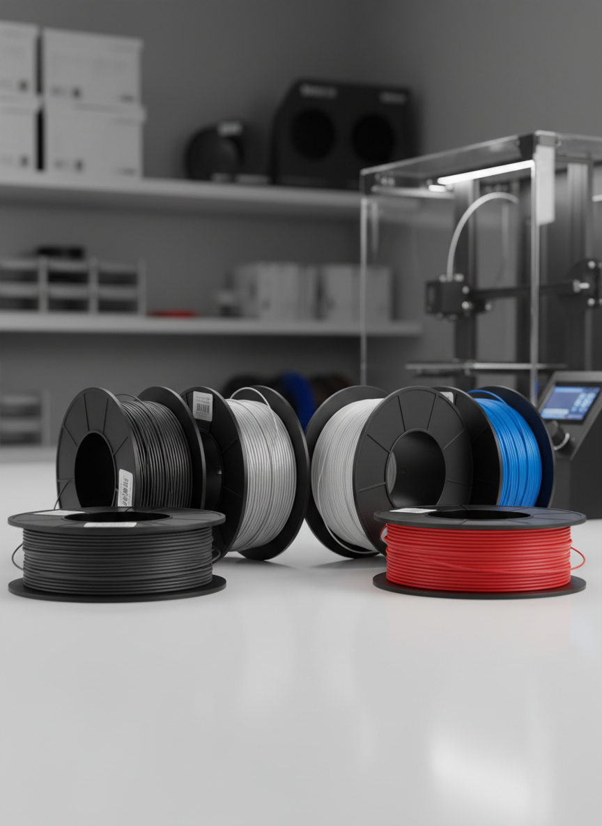 A collection of premium 3D printing filament spools arranged in a clean, modern studio setting. The spools display a range of rich, saturated colors—deep charcoal, icy white, metallic silver, vivid red, and cobalt blue—with smooth, tightly wound strands that suggest precision manufacturing. They rest on a matte white workbench with a subtle reflection, against a softly blurred background showing a professional 3D printer and organized shelving. Soft studio lighting from the upper left creates crisp highlights on the filament curves and gentle shadows beneath the spools. Photographic realism, eye-level composition using the rule of thirds, sharp focus on the front spools with a mild bokeh background. The mood is professional, reliable, and focused on consistent quality materials.