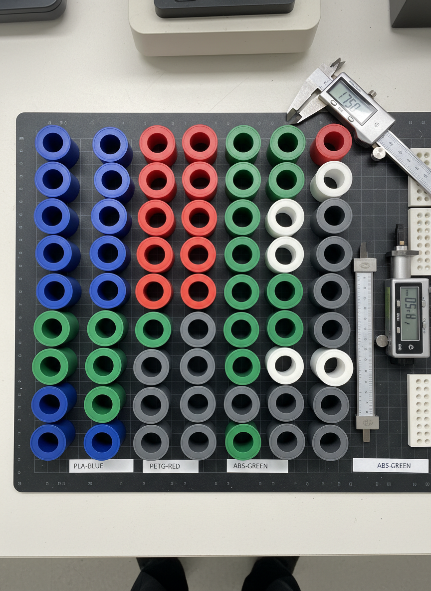 An overhead photographic composition of a quality control station for 3D printing filaments, featuring cut cross-sections of filament rods laid out on a dark, textured testing mat. Each piece reveals consistent diameter and dense, flawless interior structure. Precision measuring calipers, a digital micrometer, and labeled sample trays surround the filament sections, all neatly arranged to suggest a methodical inspection process. Neutral, diffused studio lighting from both sides reduces harsh shadows and highlights surface perfection. The background falls slightly out of focus, keeping the emphasis on the filament cross-sections and instruments. The mood is meticulous, scientific, and professional, reinforcing manufacturing quality and reliability. The aesthetic is clean and modern, with photographic realism and balanced, top-down framing.