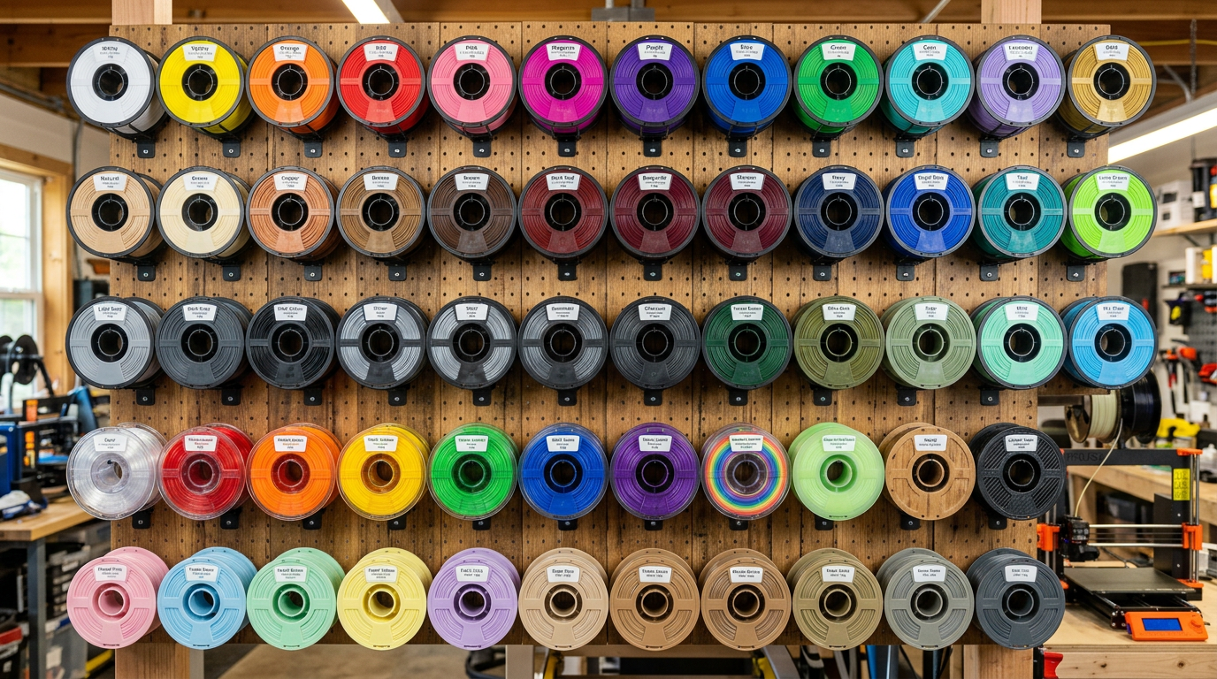 Rows of labeled 3D printer filament spools in various colors mounted on a pegboard wall